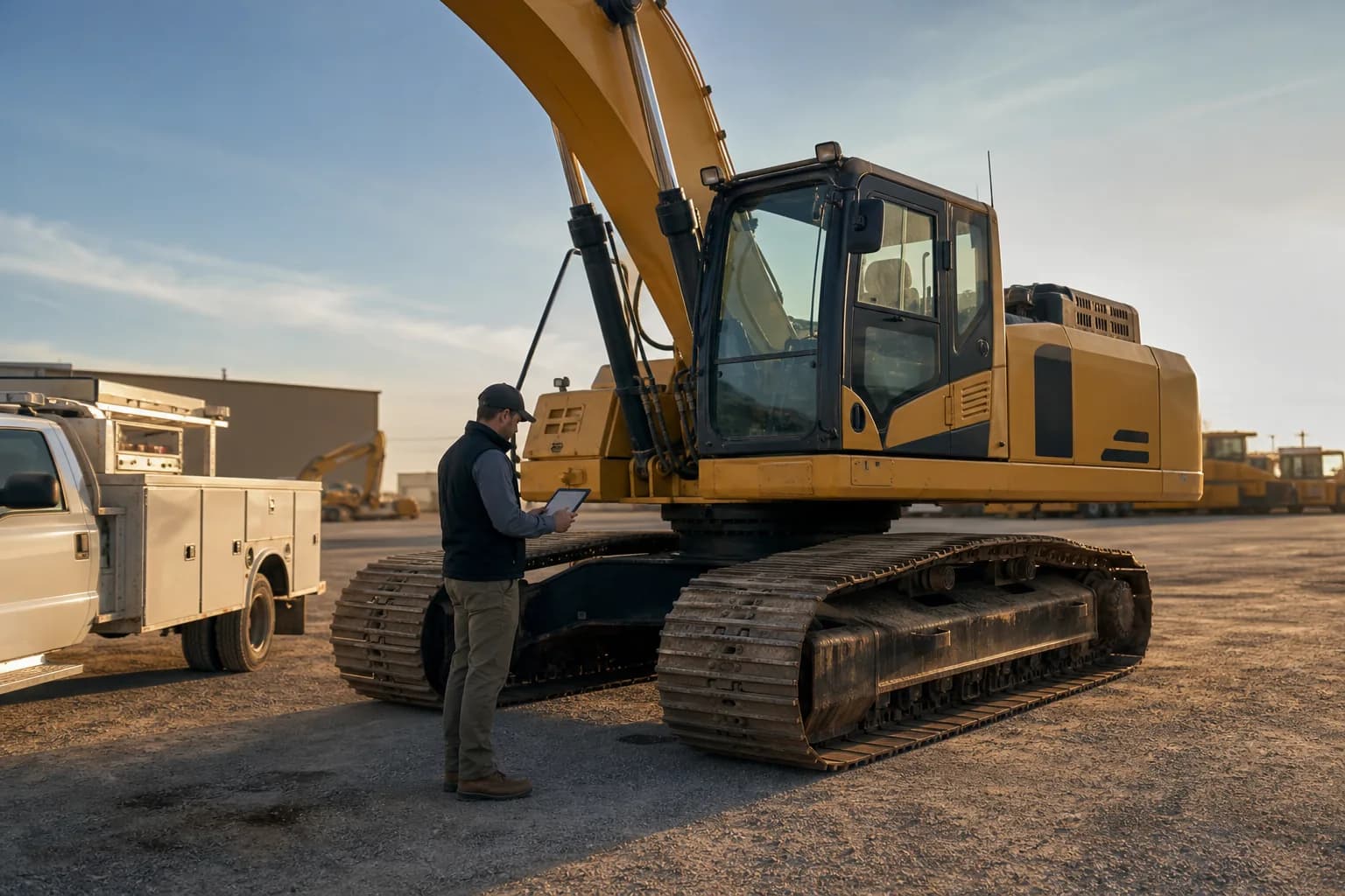 Field appraiser inspecting heavy equipment in a commercial yard